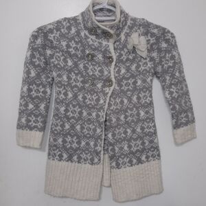 TAHARI GIRLS 4 WOOL BLEND 3 BUTTON CABLE KNIT CARDIGAN SNOWFLAKE SWEATER W BOW